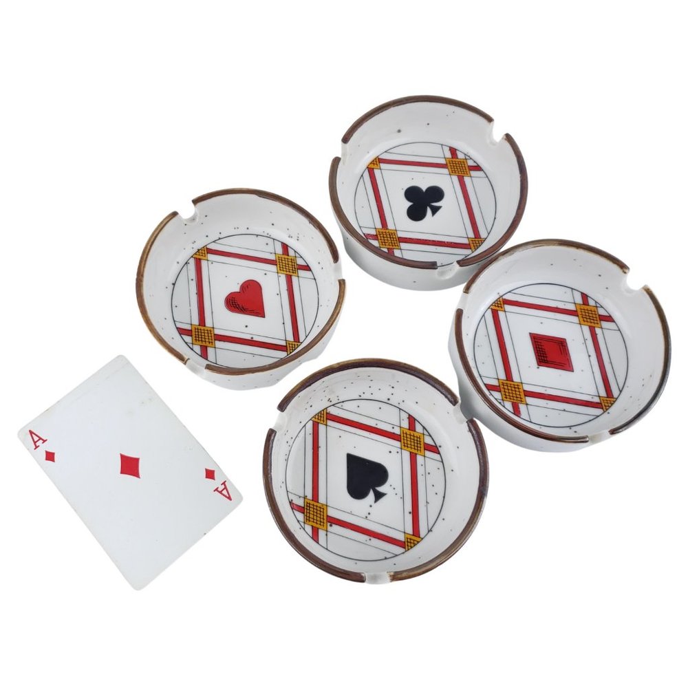 Federal Glass Co Ash Tray Set of 4 Playing Card Suits #S-274 Vintage Round